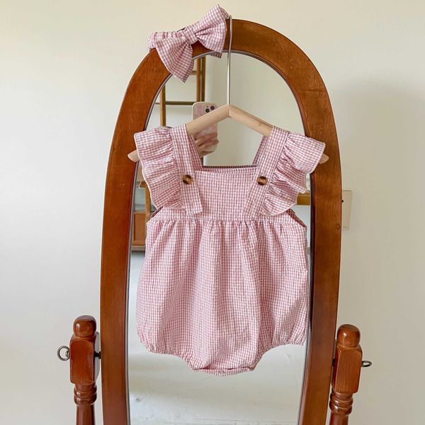 

rompers baby girl fashion plaid flying sleeves jumpsuit girls simple cotton thin breathable sling bodysuit one piece kid outfits j220922, Blue