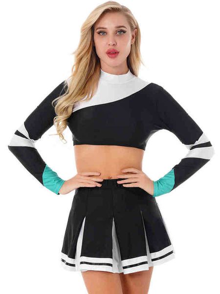 

women's tracksuits black womens cheerleading uniform come mock neck long sleeves colorblock dance with pleated skirt set cheerleaders, Gray