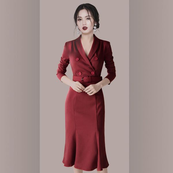 

work dresses vintage occupation lady elegant blazer collar dress women fashion double breasted spring business mermaid dress with belt 22100, White;black