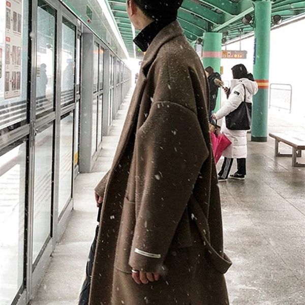 

men's wool blends mauroicardi autumn winter long khaki black soft warm trench coat men with side slit sashes loose casual korean fashio