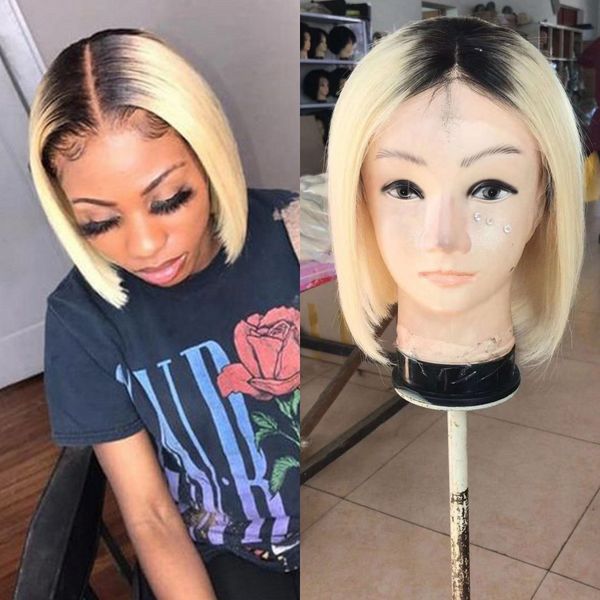 

13x4 lace front bob wigs for women 1b/613 blonde straight indian human hair pre plucked wig natural hairline, Black;brown