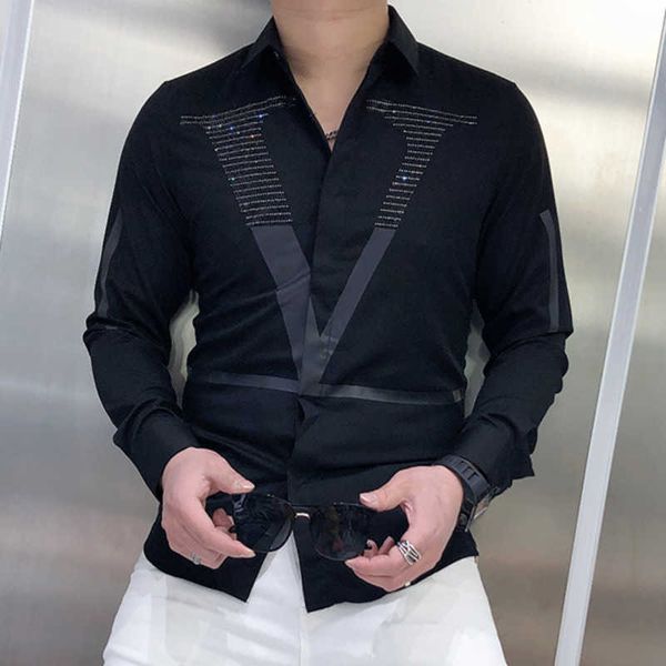 

men's casual shirts fashion trend personality casual rhinestones slim long sleeve dress shirt men 2022 four seasons new big v letter pr, White;black