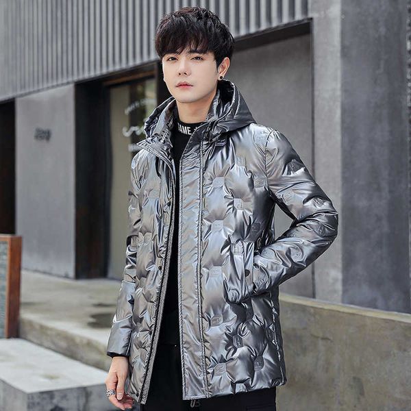 

men's down parkas 2021 winter warm hooded glossy down jacket youth casual fashion thick g220930, Black