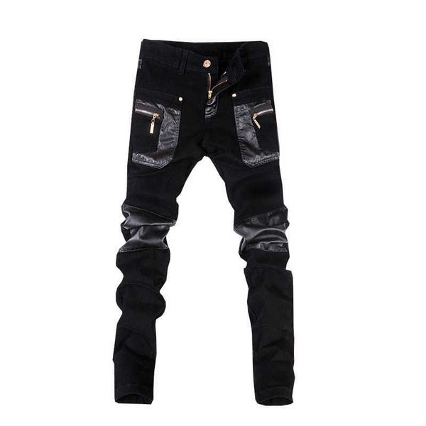 

men's pants new skinny mens leather motorcycle jeans trousers g220929, Black