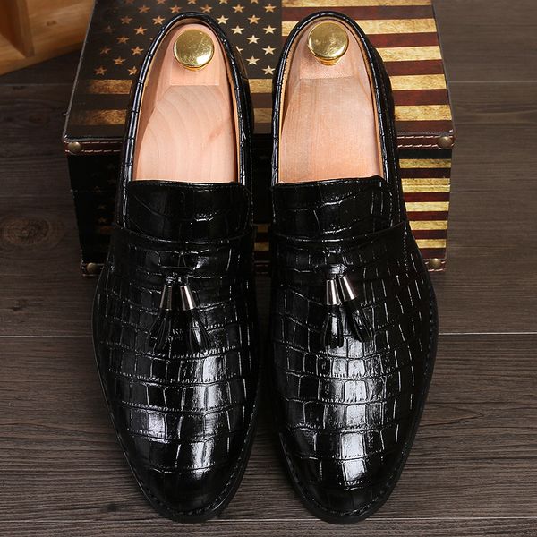 

luxury crocodile oxford shoes pointed toe one stirrup vintage tassel men's fashion formal casual shoes business shoes multi size 38-47, Black