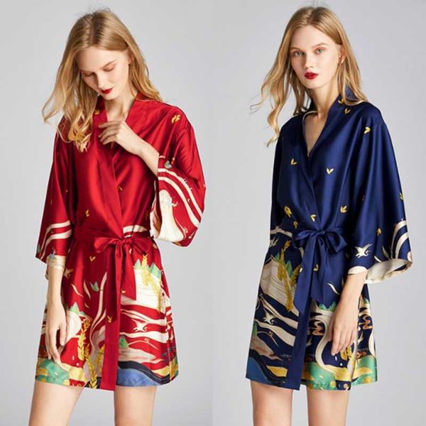 

women's sleepwear women silk satin bathrobe plus size kimono bride robe wedding print three quarter sleeve long bath robe for bridesmai, Black;red