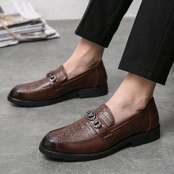

carved brogue leather oxford shoes pointed toe one stirrup retro luxury metal buckle men's fashion formal casual shoes business shoes m, Black