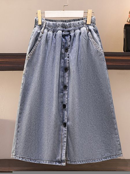 

plus size dresses plus size women vintage office lady elegant long skirts summer elastic waist denim button pocket one step hip skirt 221006, Black
