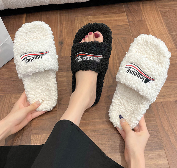 

women's letters woolen slipper autumn and winter new thick-soled lamb wool letter slippers, Black