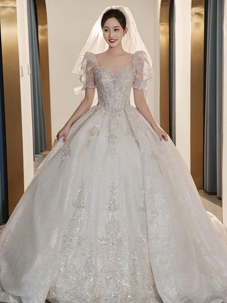 

2023 bohemian ball gown wedding dresses short sleeves lace appliques a line beach bridal gowns sweep train boho abiti da sposa wedding dress, White