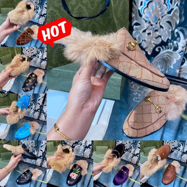 

designer loafer women slippers soft cowhide leather velvet woman fuzzy fur shoes black mules classic metal horsebit buckle embroidered flat