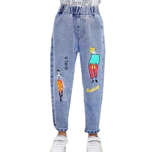 

jeans fashion cartoon for girls teenage children elastic waist denim pants kids trousers clothes 4-13t 220930, Blue