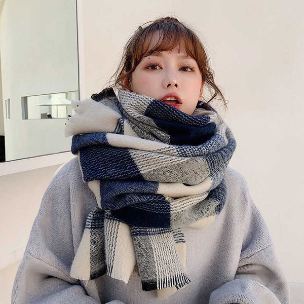 

scarves winter blue plaid warm cashmere scarf shawl for women korean fashion all-match long thick ladies g220927, Blue;gray