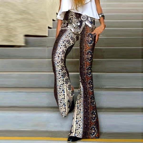 

women s pants s summer women palazzo long floral printing boho loose wide leg ladies beach trousers casual high waist flared 220930, Black;white