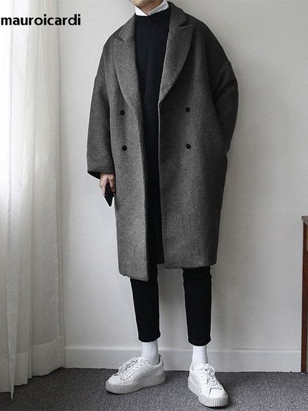 

men's wool blends mauroicardi autumn winter loose casual grey black soft warm woolen coat men lapel double breasted korean fashion 2209
