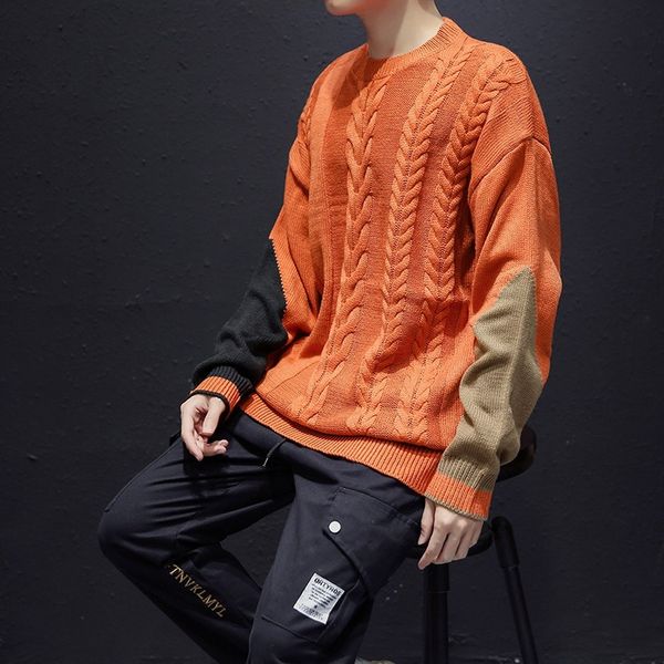 

orange sweaters men chunky knitted sweters patchwork designed pollover sweaters casual warm long sleeve shirts, White;black