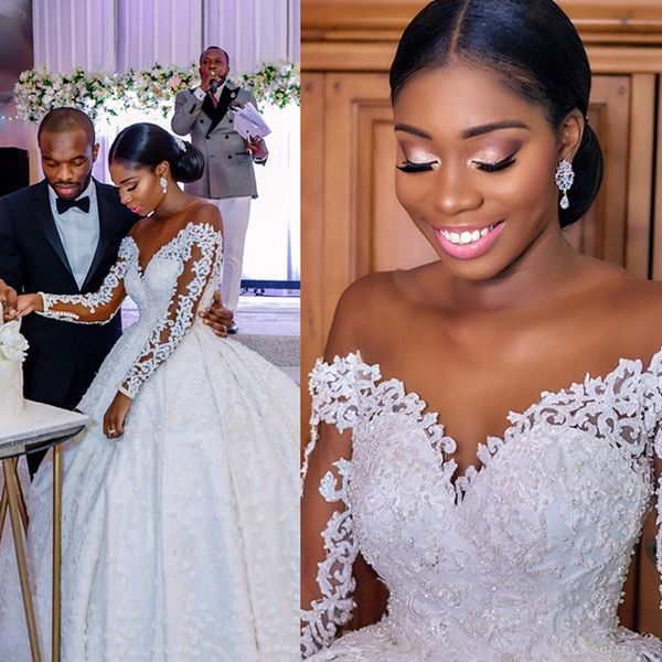 

2021 african nigerian ball gown wedding dresses with jewel illusion bodice long sleeve court train applique sheer off the shoulder bridal go, White