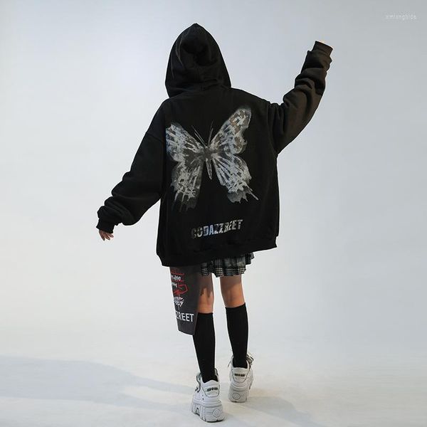 

men's hoodies dark butterfly hooded male/female couple jacket loose casual hoodie 2022 winter zipper female harajuku hip hop top, Black