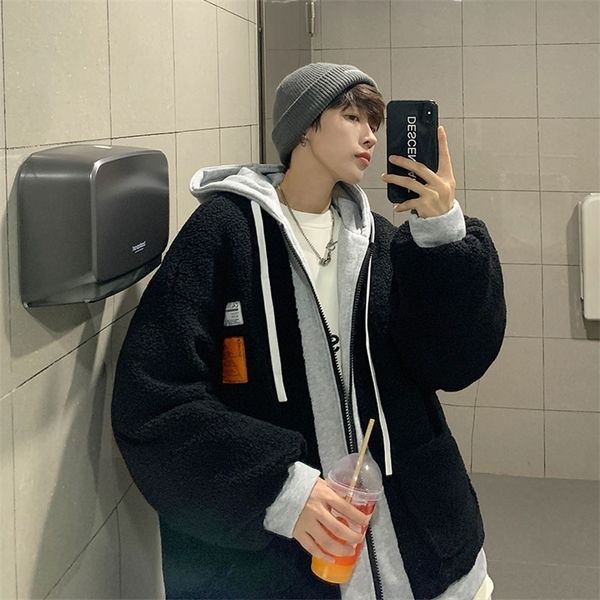 

mens down parkas winter cashmere lamb loose cotton coat oversize men clothing cotton jacket for men fashion warm male parkas mens cotton par, Black