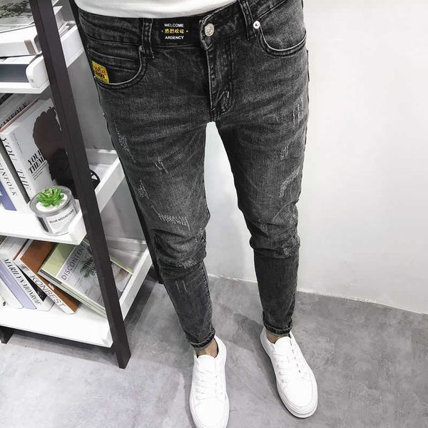 

men's pants soot grey classic all-match slim-fit labeling cat whiskers feet thin skinny jeans male new spring summer youth social peopl, Black
