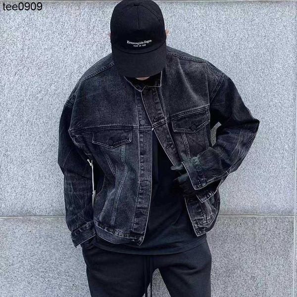 

double line essentials personalized jacket washed black denim jacket silhouette coat high street fashion brand ins dark street, Black;brown