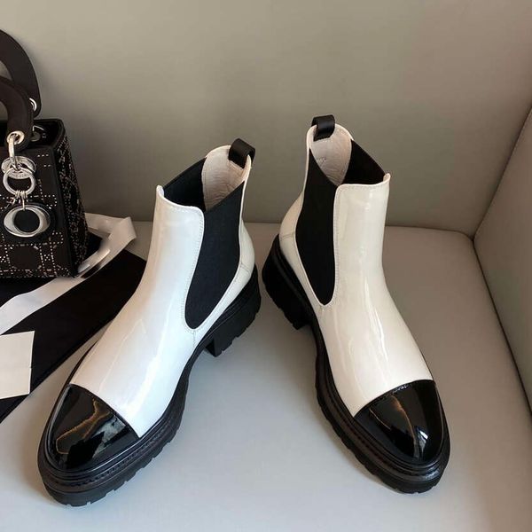 

chelsea boots flat shoes ankle boot patent leather high elasticity elastic band comfortable designer mixed color thick bottom for womens, Black
