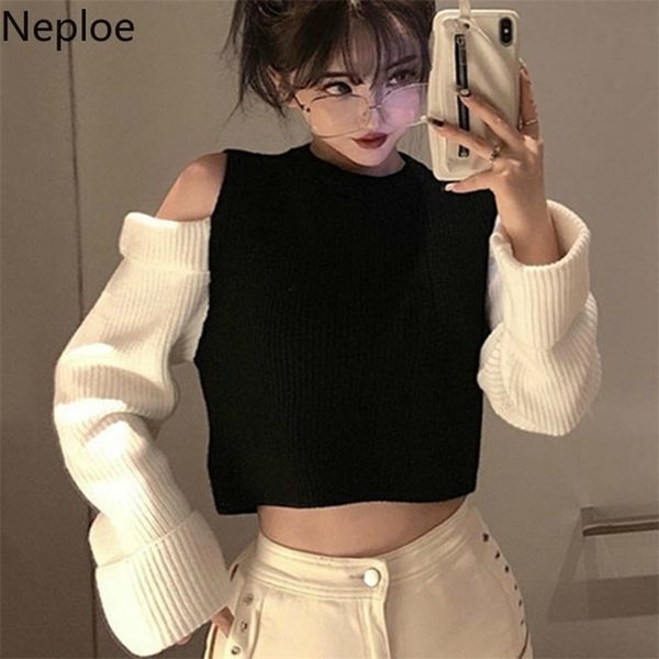 

women's sweaters neploe korean cropped sweater patchwork strapless women pullover knitwear short crop sweater autumn jumper pull femme, White;black