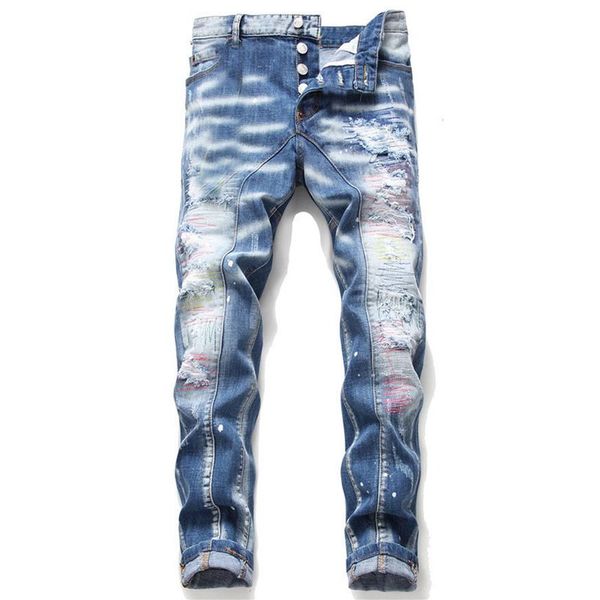 

unique mens distressed ripped blue skinny jeans fashion designer slim fit washed motocycle denim pants panelled hip hop biker trou340h