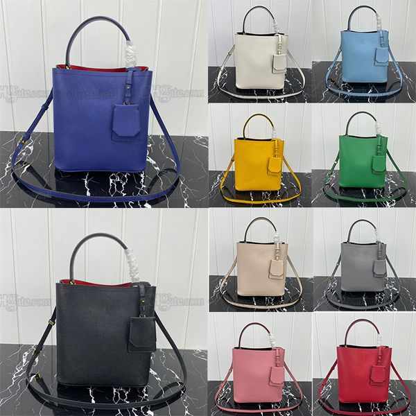 

medium saffiano leather panier bag triangle logo nappa lining bucket bags adjustable leather shoulder strap magnet closure tote luxury desig