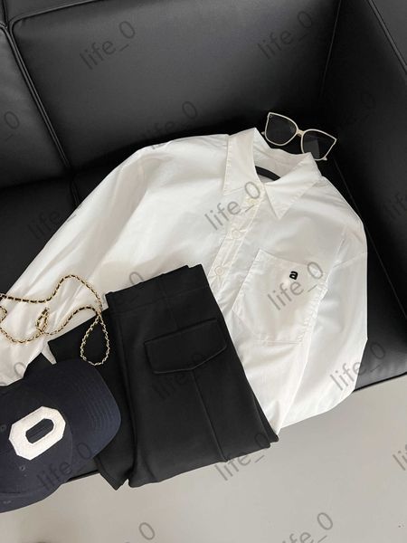 

brand womens two piece pants embroidered lettered logo lapel pocket shirts elastic waist loose trousers fashionable women tracksuits, White