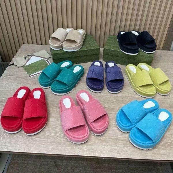 

designer slides women slippers platform sandals cotton outsole slipper fabric rubber fur grass black green thick bottom wedge fluffy resort