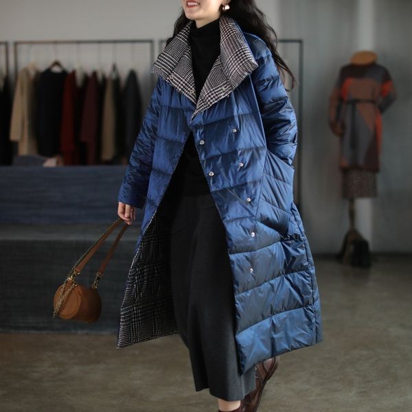 

women's down parkas winter double sided duck down jacket women double breasted plaid warm outwear women's ultra light long down co, Black