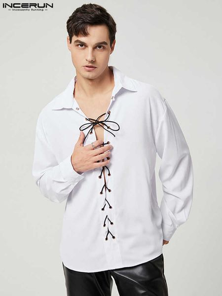 

men's casual shirts men shirt lace up 2022 lapel long sleeve streetwear fashion party nightclub shirts personality solid color camisas, White;black
