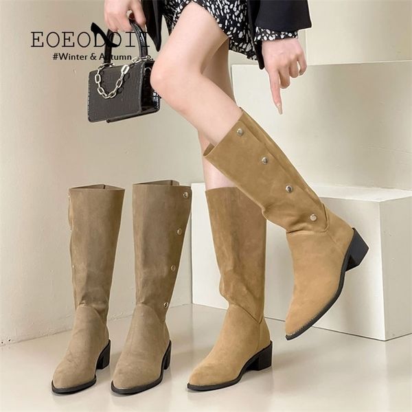 

boots eoeodoit mid chunky heels western women autumn winter fashion calf booties pointed toe slip-on under knee length shoes 221006, Black