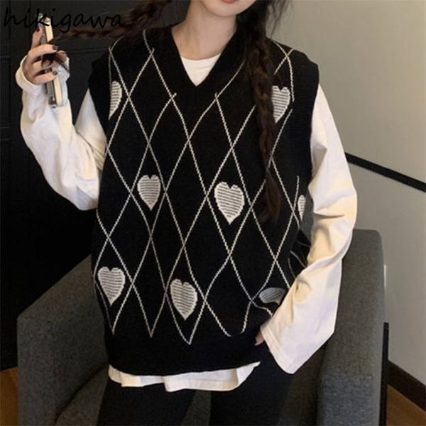 

women's sweaters hikigawa y2k sweater vest women vintage sleeveless tank female loose v-neck knitted pullover korean fashion sweaters, White;black