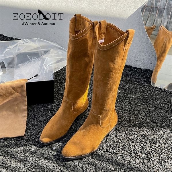 

boots eoeodoit low heels western boot women knee high booties fashion autumn winter slip-on botas woman long 221006, Black