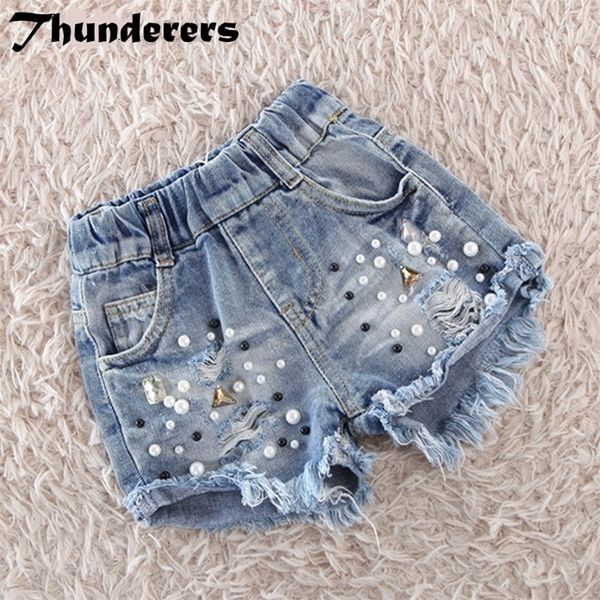 

jeans summer girl pearls ripped denim short pants s kids trousers children clothes casual toddler 24m-6y 220930, Blue