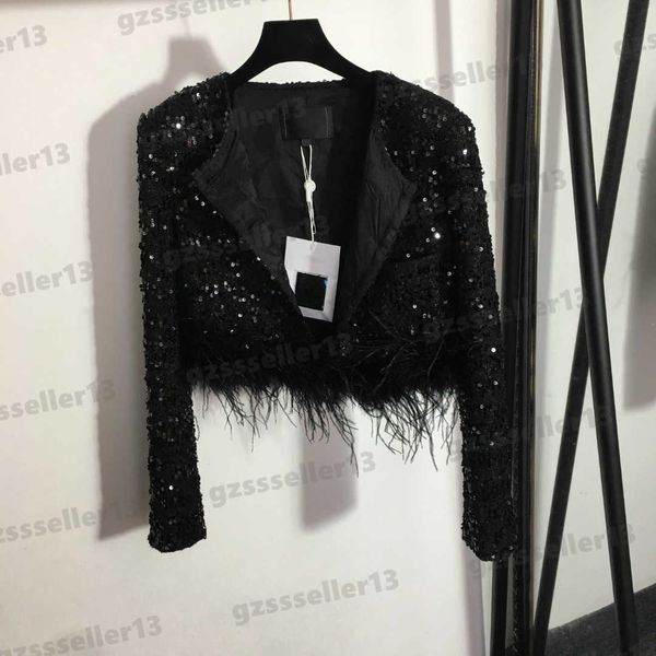 

women jacket luxury designer heavy-duty sequin embroidery tweed jackets black feather panel hem crew neck long sleeve jacket 0912, Black;brown