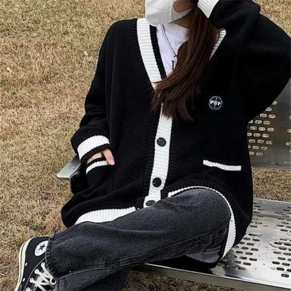 

women's knits tees deeptown korean style black knitted cardigan sweater women oversize fashion single breasted knitwear jackets autumn, White