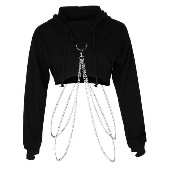 

women's hoodies sweatshirts women fashion long sleeve pullover hoodie crop metal chain sweatshirt women pullover hoodie with alloy chai, Black