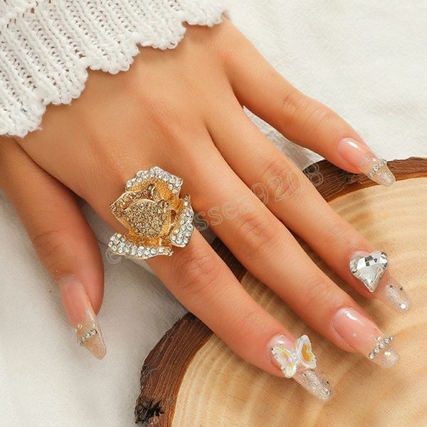 

luxury rose flower gold ring for women bridal crystal wedding band finger rings korean fashion valentine's day jewelry gift, Silver