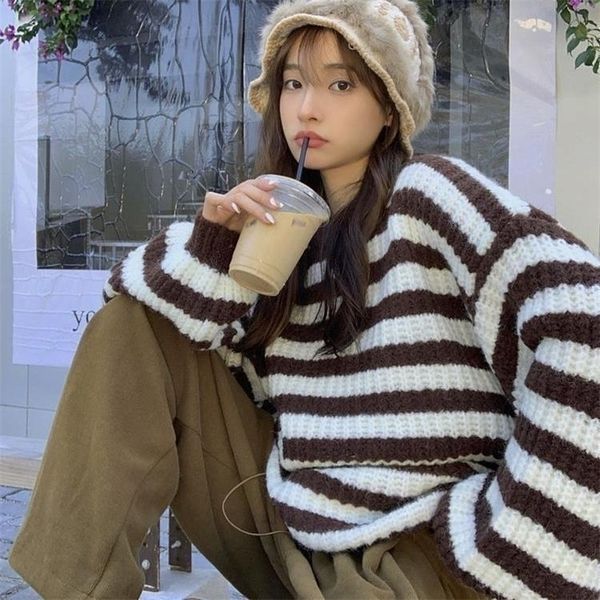 

women's sweaters deeptown vintage brown striped sweater women harajuku korean fashion oversize pullover jumper female preppy style scho, White;black