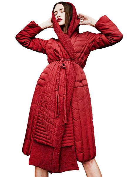 

women's down parkas winter fashion fluffy hooded duck down coats jacket female longer warm down coat with belt wq630 220930, Black