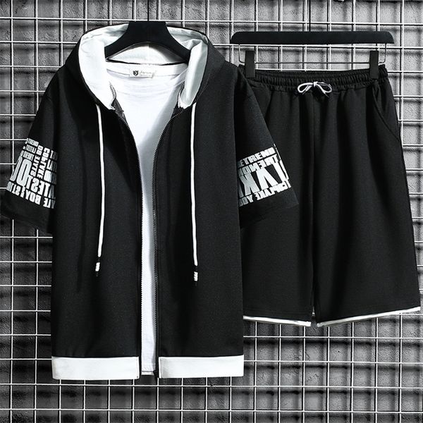 

men's tracksuits fashion men's sets hooded summer casual sportswear men short sleeve zipper shorts 2 piece hip hop streetwear male, Gray