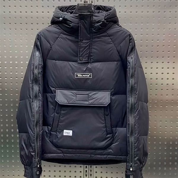 

mens down parkas trendy big pocket padded jacket trendy mens hooded tooling thicken thermal coat couple versatile casual jacket 2201006, Black