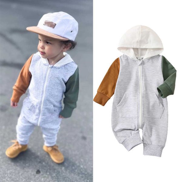

rompers 018m baby boys girl romper long sleeves hooded neck patch color zipper pockets loose jumpsuit spring autumn clothing j220922, Blue