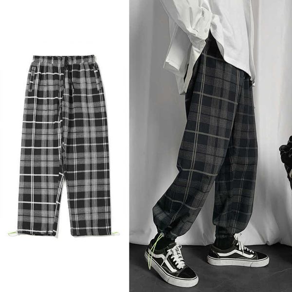

men's pants streetwear spring autumn fashion grid cotton casual plaid harem harajuku joggers g220929, Black