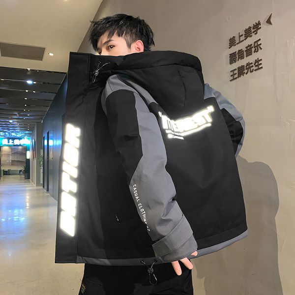 

letter reflective printing hooded puffer jacket men cotton padded coats thick keep warm hoodie jackets hip hop streetwear men, Black;brown