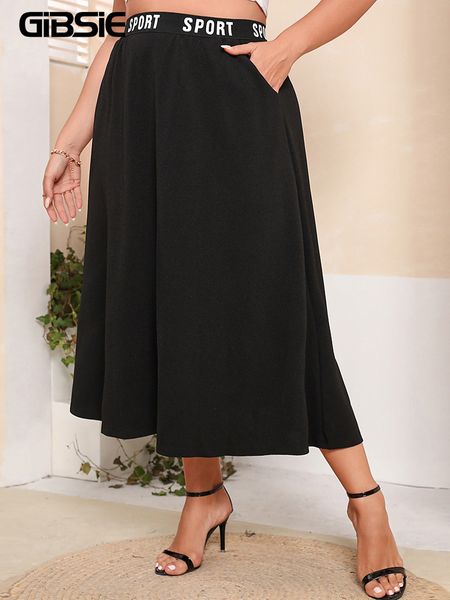 

plus size dresses gibsie plus size black letter print pocket long skirt women fashion korean high waist knit casual aline skirts female bott