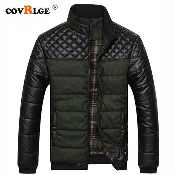 

men's down parkas covrlge men casual parka padded 2019 winter jacket mens warm pu leather patchwork color stand collar zipper thick coa, Black